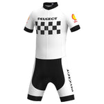 Experience the timeless allure of the Classic 1960s Peugeot Retro Cycling Jersey Set with a white and black checkered design, short sleeves, bold black side stripes, and iconic Peugeot and Shell logos reminiscent of Eddy Merckxs era.
