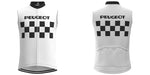 Front and back views of the Classic 1960s Peugeot Retro Cycling Jersey Set: a sleeveless white jersey with a black collar, PEUGEOT above a black checkered pattern on the chest and back, echoing the Eddy Merckx era. Rear pockets are visible.