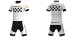 The Classic 1960s Peugeot Retro Cycling Jersey Set, shown from front and back views, captures the Eddy Merckx era. This predominantly white two-piece suit features black checkered chest patterns, black shorts, PEUGEOT branding, and Shell-logo sleeves for vintage charm.