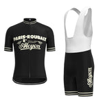 Discover the heritage of cycling with the Paris-Roubaix Retro Cycling Jersey Set. This black ensemble features Alcyon text, includes short sleeves, a zip front, matching bib shorts with white straps, and boasts performance benefits like a breathable gel seat pad for added comfort.