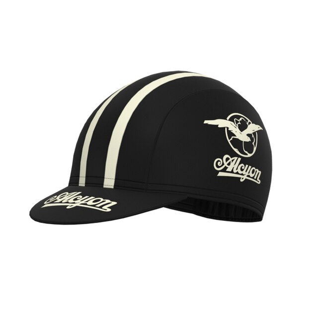 The Paris-Roubaix Retro Cycling Jersey Set pairs perfectly with a black bicycle cap, designed with two white stripes and a vintage Alcyon winged wheel logo, creating an authentic vintage look.