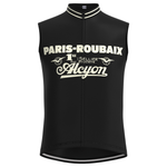Experience peak cycling performance with the black sleeveless Paris-Roubaix Retro Cycling Jersey Set, featuring vintage-style text and graphics like PARIS-ROUBAIX, 1er SELLIER, and Alcyon, plus a breathable gel seat pad for ideal comfort.