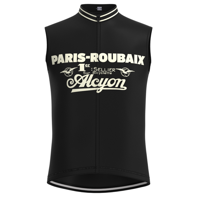 Experience peak cycling performance with the black sleeveless Paris-Roubaix Retro Cycling Jersey Set, featuring vintage-style text and graphics like PARIS-ROUBAIX, 1er SELLIER, and Alcyon, plus a breathable gel seat pad for ideal comfort.