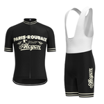 The Paris-Roubaix Retro Cycling Jersey Set is a black and white cycling outfit featuring Paris-Roubaix Alcyon text. It includes a zip-up, short-sleeved jersey and matching bib shorts with vintage graphics and a breathable gel seat pad for optimal comfort.