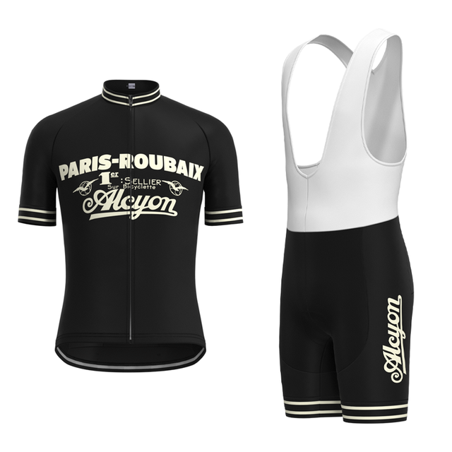 The Paris-Roubaix Retro Cycling Jersey Set is a black and white cycling outfit featuring Paris-Roubaix Alcyon text. It includes a zip-up, short-sleeved jersey and matching bib shorts with vintage graphics and a breathable gel seat pad for optimal comfort.