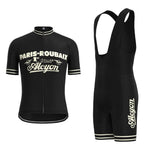 The Paris-Roubaix Retro Cycling Jersey Set includes a black short-sleeve jersey and bib shorts adorned with Paris-Roubaix and Alcyon. It features sleeve stripes, a breathable gel seat pad, and a performance design that accentuates its vintage-inspired theme.