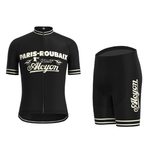 The Paris-Roubaix Retro Cycling Jersey Set boasts vintage style with white text and stripes. Designed for performance, the jersey displays PARIS-ROUBAIX and Alcyon, while the black shorts feature a gel seat pad for enhanced comfort.