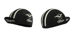 Two black cycling caps, part of our Paris-Roubaix Retro Cycling Jersey Set and performance line, showcase white stripes and a bird-in-flight logo. Each peak bears the name Alayon. Both are displayed from various angles with similar designs.