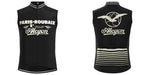 Front and back view of the black sleeveless Paris-Roubaix Retro Cycling Jersey Set in white text and graphics; Paris-Roubaix and Alcyon on the front, a winged logo on the back, plus striped pockets, ideal for performance cycling.