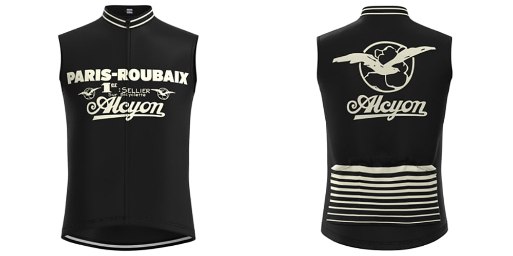 Front and back view of the black sleeveless Paris-Roubaix Retro Cycling Jersey Set in white text and graphics; Paris-Roubaix and Alcyon on the front, a winged logo on the back, plus striped pockets, ideal for performance cycling.