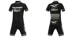 The Paris-Roubaix Retro Cycling Jersey Set is a black kit with white text and logos, featuring a short-sleeve zippered jersey with striped back and bird logo. Matching shorts include a breathable gel seat pad for optimal performance.