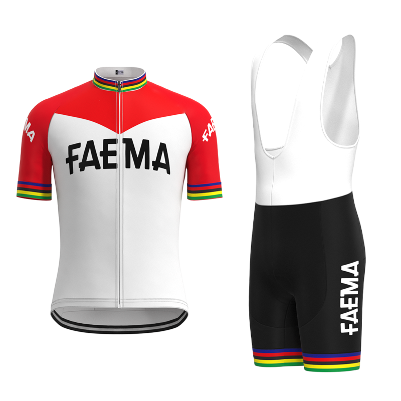 The Faema 1969 Retro Cycling Jersey Set includes a red and white short-sleeve jersey with FAEMA in bold black letters, plus black and white bib shorts featuring FAEMA vertically on the left leg. Both pieces have rainbow stripe detailing on the cuffs and hem.