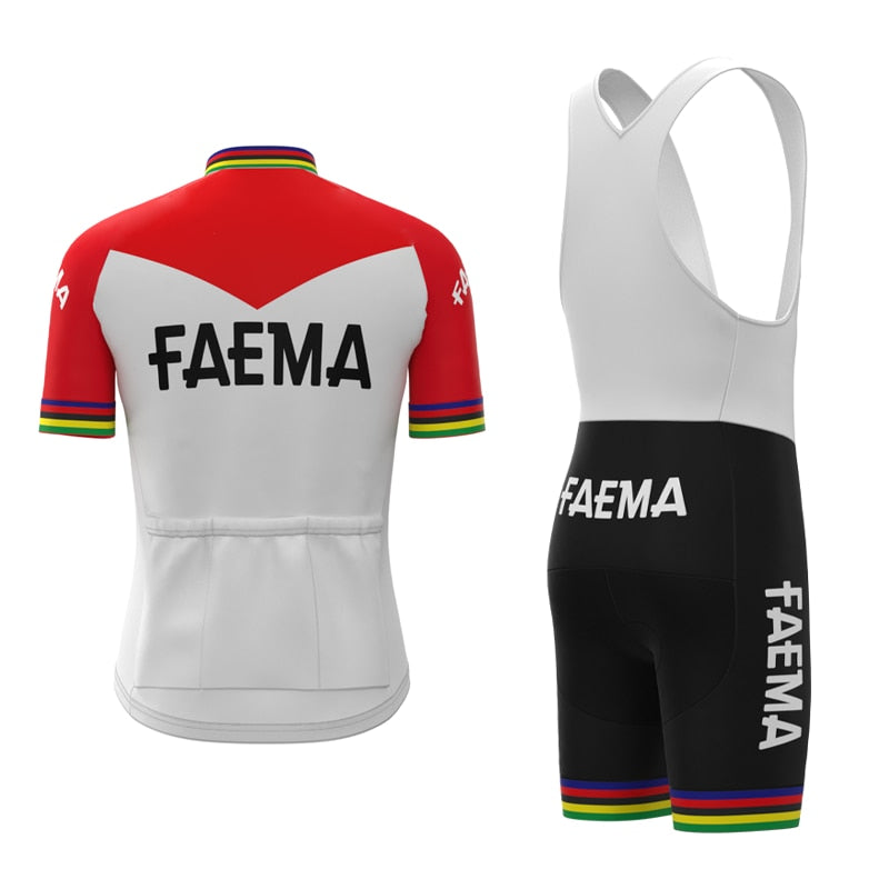 The Faema 1969 Retro Cycling Jersey Set includes a vintage red and white jersey with rainbow trim and matching black shorts. The design and color scheme evoke the iconic look of the 1969 cycling jersey set, especially visible from the back.
