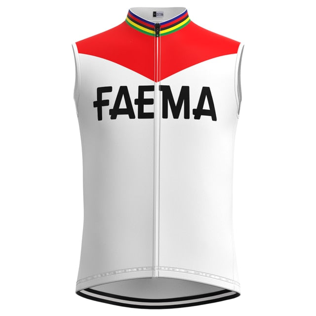 The Faema 1969 Retro Cycling Jersey Set is a sleeveless jersey featuring FAEMA on the front, with a red top, white body, and rainbow stripes around the collar for vintage charm.