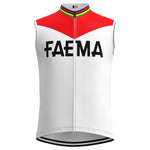 The Faema 1969 Retro Cycling Jersey Set is a sleeveless jersey featuring FAEMA on the front, with a red top, white body, and rainbow stripes around the collar for vintage charm.