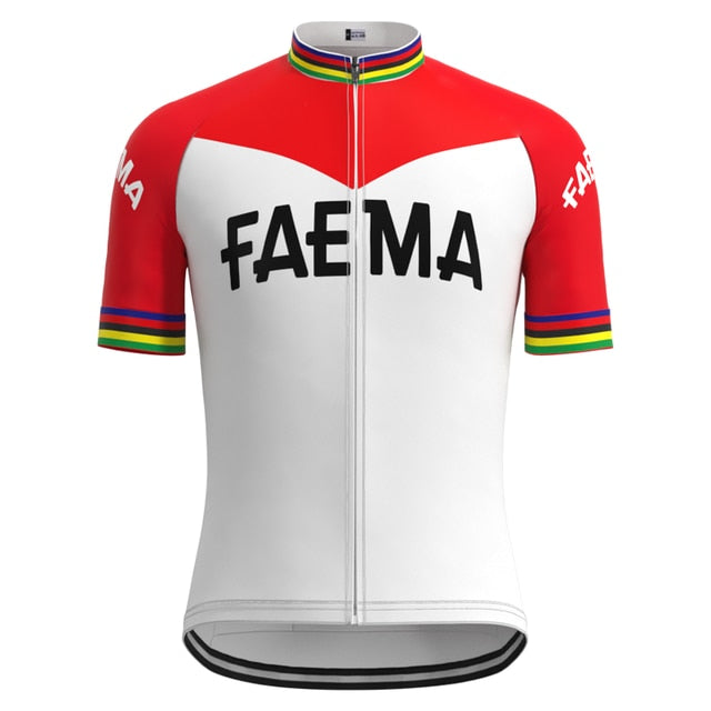 The Faema 1969 Retro Cycling Jersey Set features a red and white cycling jersey with black FAEMA text, rainbow-striped sleeve cuffs, and a high collar that embodies the elegance of vintage cycling apparel.