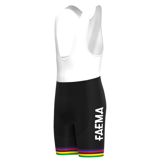 The Faema 1969 Retro Cycling Jersey Set includes cycling bib shorts with a white upper and black lower, featuring vertical FAEMA branding. The leg cuffs have multicolored stripes—green, yellow, red, blue, purple—enhancing its vintage cycling appeal.