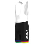The Faema 1969 Retro Cycling Jersey Set includes cycling bib shorts with a white upper and black lower, featuring vertical FAEMA branding. The leg cuffs have multicolored stripes—green, yellow, red, blue, purple—enhancing its vintage cycling appeal.