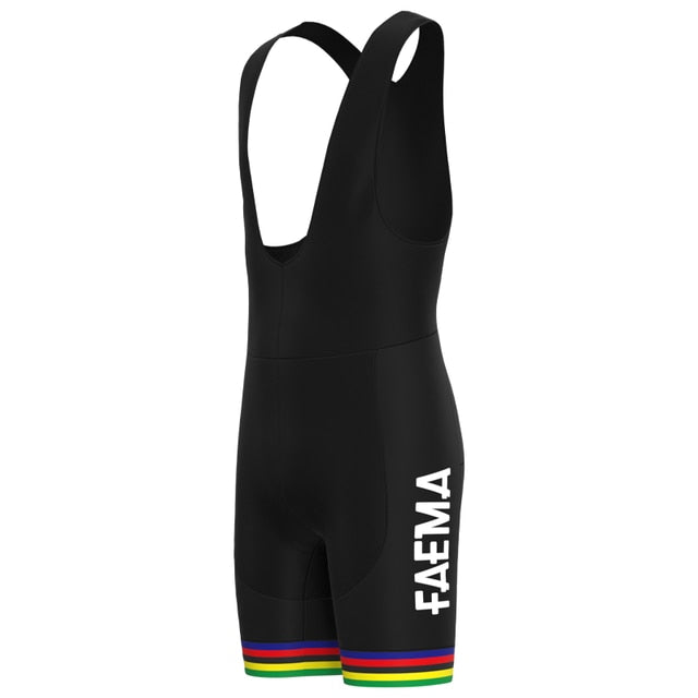 Black cycling bib shorts featuring FAEMA in white on the left side, designed with retro rainbow stripes at the leg hems and wide shoulder straps, inspired by the Faema 1969 Retro Cycling Jersey Set for a sleek, modern look.