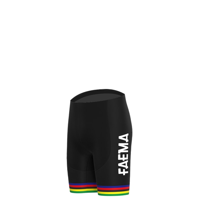 The black cycling shorts with FAEMA in white feature horizontal rainbow stripes at the leg openings, echoing the Faema 1969 Retro Cycling Jersey Sets vintage style. Photographed against a plain white background.