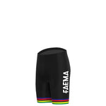 The black cycling shorts with FAEMA in white feature horizontal rainbow stripes at the leg openings, echoing the Faema 1969 Retro Cycling Jersey Sets vintage style. Photographed against a plain white background.
