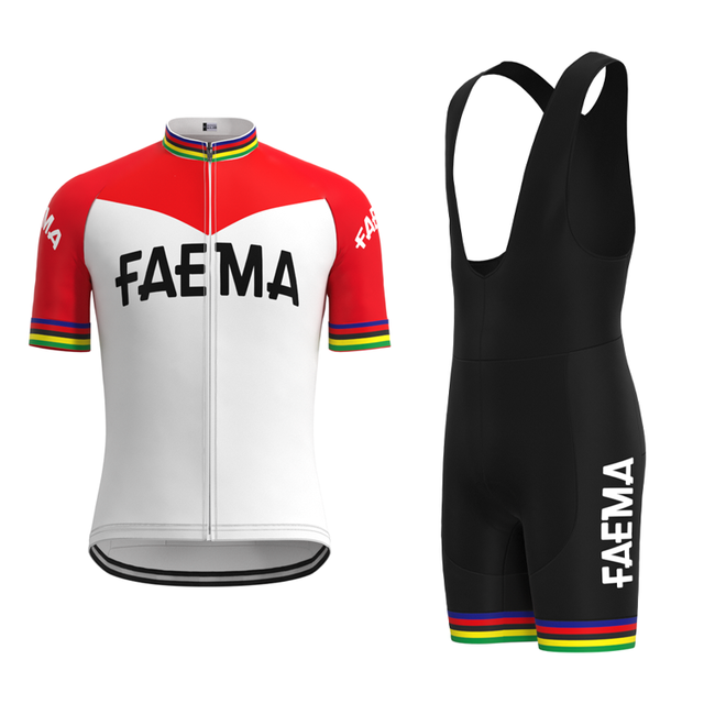 The Faema 1969 Retro Cycling Jersey Set includes a vintage-inspired jersey with a retro FAEMA design, featuring red shoulders, rainbow-striped sleeves on a white background, and black bib shorts with FAEMA and matching rainbow bands on the cuffs.