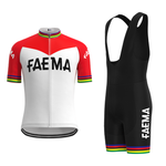 The Faema 1969 Retro Cycling Jersey Set includes a vintage-inspired jersey with a retro FAEMA design, featuring red shoulders, rainbow-striped sleeves on a white background, and black bib shorts with FAEMA and matching rainbow bands on the cuffs.