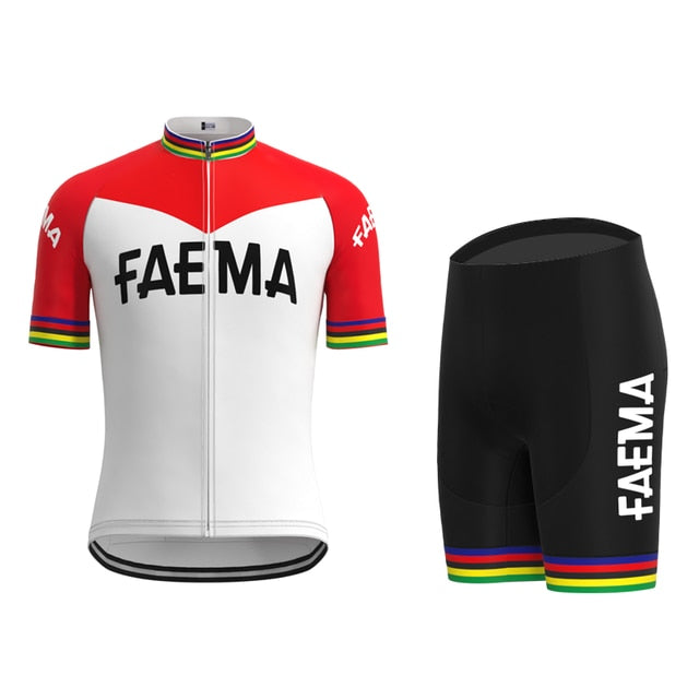 The Faema 1969 Retro Cycling Jersey Set includes a red and white short-sleeve jersey with rainbow-striped cuffs and black shorts featuring Faema text and matching rainbow hem stripes, creating a classic cohesive look reminiscent of 1969 vintage cycling apparel.