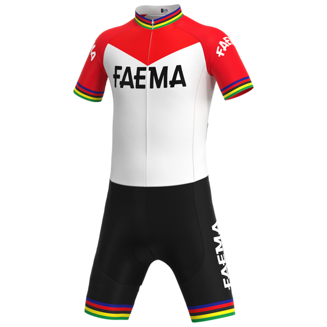 The Faema 1969 Retro Cycling Jersey Set has a vintage design with vibrant red shoulders, a white chest, black shorts, and multicolored stripes on the collar and sleeves for a classic cycling look perfect for enthusiasts.