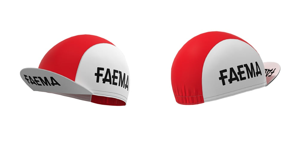 Two cycling caps feature a red and white vintage design with FAEMA in black on the sides. One cap shows the front, the other the rear, with a short brim displaying more text underneath. Modeled after the Faema 1969 Retro Cycling Jersey Set.