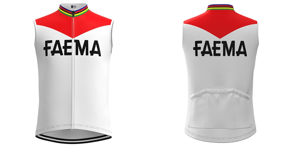 Front and back views of the sleeveless Faema 1969 Retro Cycling Jersey Set, featuring a predominantly white design with a red top and black FAEMA text on both sides. Its multicolored collar enhances the vintage cycling apparel charm.