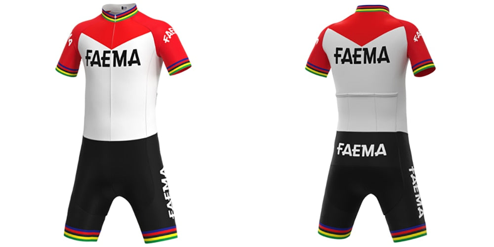 The Faema 1969 Retro Cycling Jersey Set showcases the iconic FAEMA text with a striking design: red shoulders, white chest, black lower half, and colorful bands. Matching black shorts feature rainbow highlights and FAEMA text on the legs, while rear pockets enhance functionality.