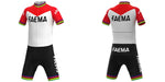 The Faema 1969 Retro Cycling Jersey Set showcases the iconic FAEMA text with a striking design: red shoulders, white chest, black lower half, and colorful bands. Matching black shorts feature rainbow highlights and FAEMA text on the legs, while rear pockets enhance functionality.