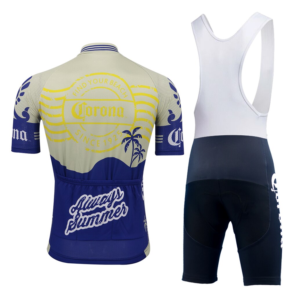The Corona Beer Retro Cycling Jersey Set includes a blue and white cycling jersey with a beach theme, yellow graphics, palm trees, and a full-length front zipper. The black bib shorts feature blue and white accents with a gel seat pad for added comfort.