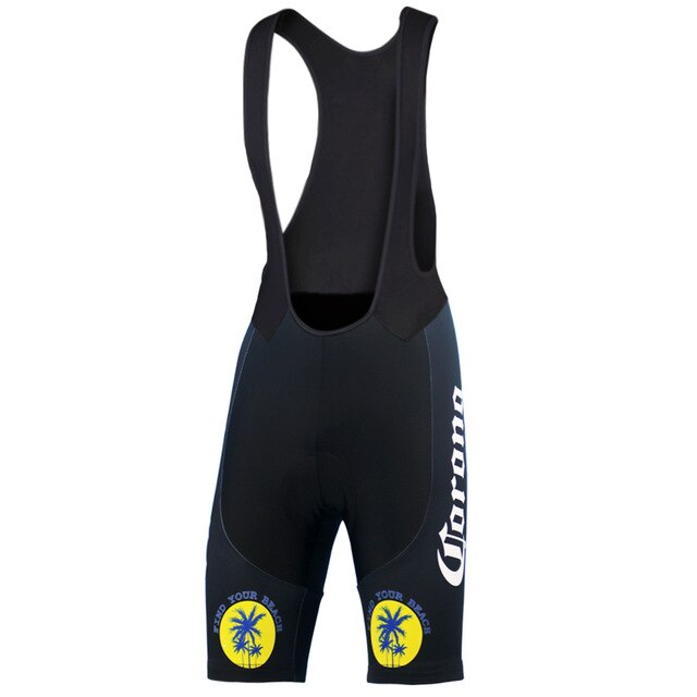 Black cycling bib shorts with shoulder straps featuring Corona text on the side, gel seat pad for comfort, and yellow and blue circular palm tree designs with Find your beach text above the knees, perfectly matching the Corona Beer Retro Cycling Jersey Set.