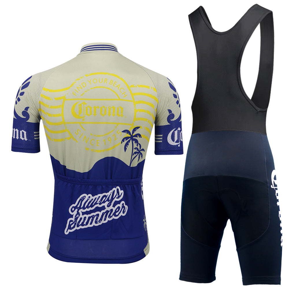 The Corona Beer Retro Cycling Jersey Set exudes a beach vibe with its Corona logo, palm tree design, and Always Summer phrase. The jersey includes a full-length front zipper, while the black and dark blue bib shorts feature a comfortable gel seat pad.