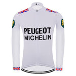 The Peugeot BP Michelin Long Sleeve Retro Cycling Jersey (with Fleece Option) features PEUGEOT and MICHELIN in bold black text, British flags on the shoulders and wrists, and green BP patches on the sleeves for a vintage feel.