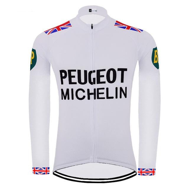The Peugeot BP Michelin Long Sleeve Retro Cycling Jersey (with Fleece Option) features PEUGEOT and MICHELIN in bold black text, British flags on the shoulders and wrists, and green BP patches on the sleeves for a vintage feel.