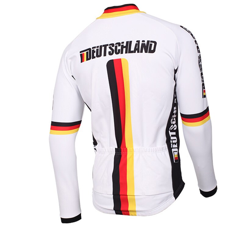 The German Cycling Team Retro Jersey features a white base with black, red, and yellow stripes. Deutschland is displayed on the back and sleeve, accented by a stylish German flag design.