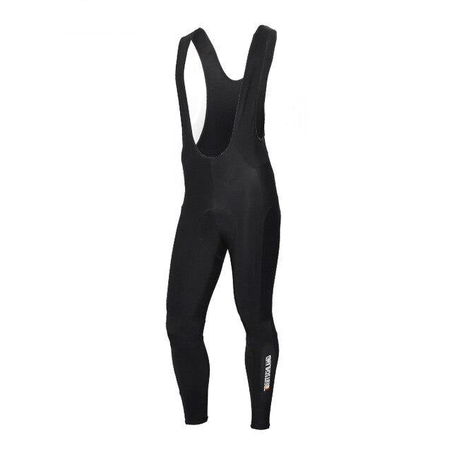 The German Cycling Team Retro Cycling Long Set, available with a fleece option, includes black bib tights with shoulder straps. The form-fitting design and stretchy fabric, featuring a small logo on the left ankle, ensure comfort and flexibility for cycling enthusiasts.