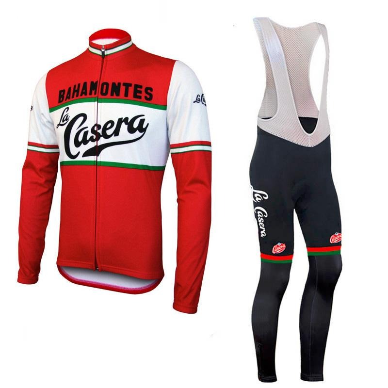 The La Casera-Bahamontes Retro Cycling Jersey Long Set includes a vintage long-sleeve red and white jersey with green accents and black bib tights, celebrating the King of the Mountains.