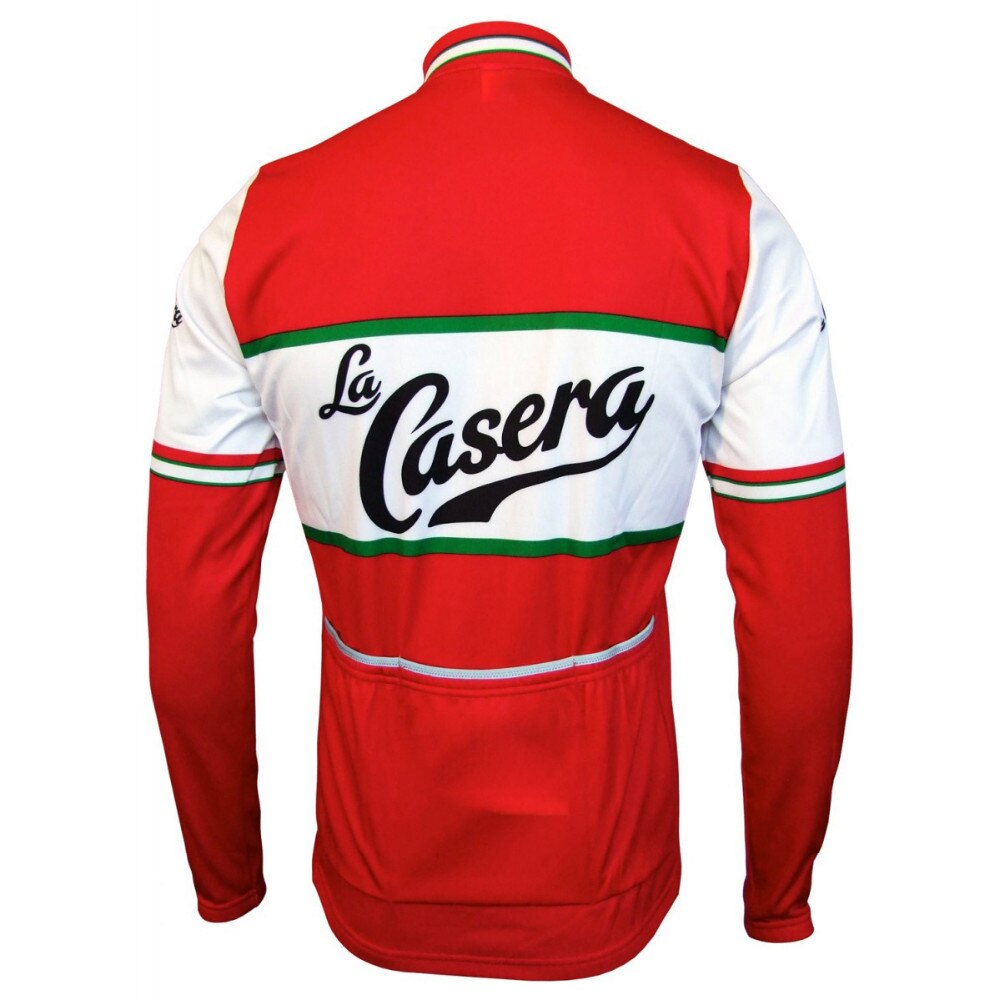 The La Casera-Bahamontes Retro Cycling Jersey Long Set features red and white colors with bold La Casera-Bahamontes text, horizontal green and red stripes, long sleeves, and a design inspired by King of the Mountains prizes.
