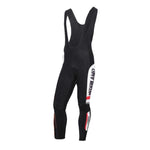 The Netherlands Cycling Team Long Set features black bib tights with white and red accents, including NETHERLAND on the right leg and stripes on both. Designed for aerodynamics, they include shoulder straps and a fleece lining.
