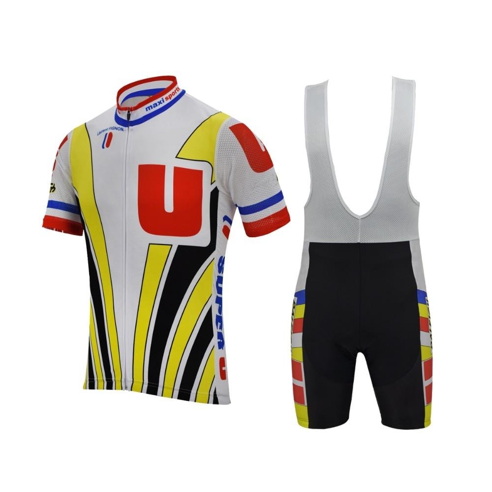 The Super U Raleigh Retro Cycling Jersey Set includes a jersey and bib shorts, ideal for 1989 Tour de France fans. The jersey features a bold design with red, yellow, black, and blue accents centered around a large red U, while the bib shorts include matching colored side stripes.