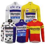 Introducing five vibrant retro cycling jerseys, each uniquely designed with sponsor logos like Reynolds Alumino. Featuring a yellow Credit Lyonnais jersey and multicolored patterns in blue and red, these fleece-lined options blend style with comfort.