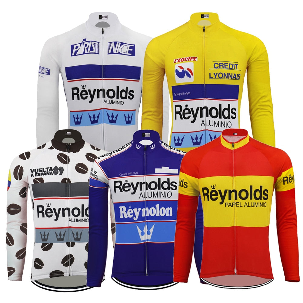 Introducing five vibrant retro cycling jerseys, each uniquely designed with sponsor logos like Reynolds Alumino. Featuring a yellow Credit Lyonnais jersey and multicolored patterns in blue and red, these fleece-lined options blend style with comfort.
