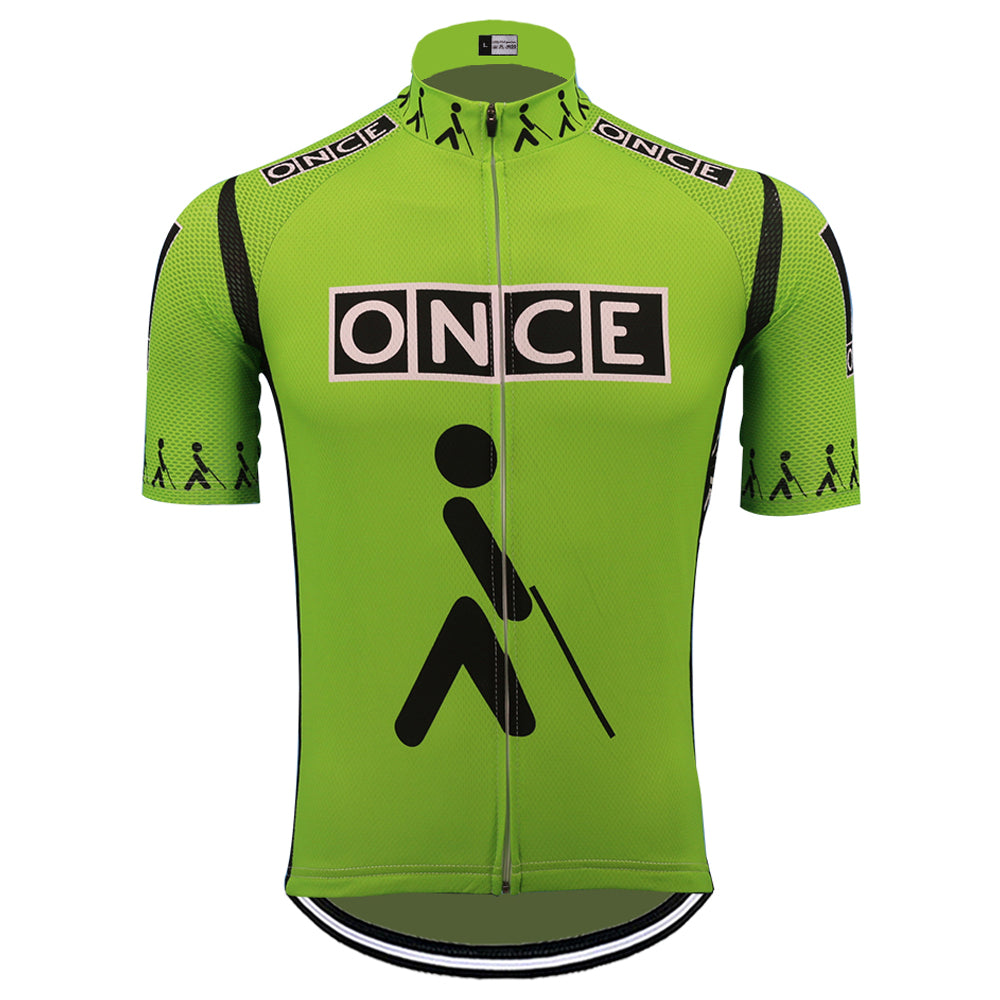 The ONCE Green Retro Cycling Jersey is made from lightweight polyester and features the iconic ONCE logo on the chest. It includes black stick figures with canes on both sides and black designs along the shoulders and sleeves for an authentic retro look reminiscent of the Spanish cycling team.