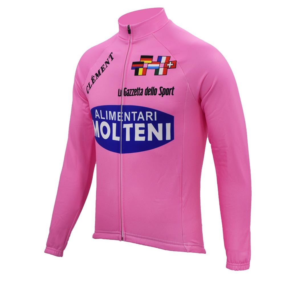The Molteni Alimentari Retro Cycling Jersey (with Fleece Option) is a pink classic with black Molteni and Alimentari logos. It features sponsor logos, a zip closure, long sleeves, and a fleece-lined interior for comfort on cooler rides.