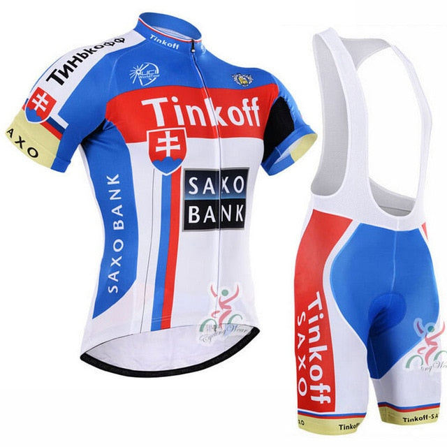 The Tinkoff Saxo Bank Blue Red Jersey Set includes a blue, white, and red jersey with matching bib shorts, displaying the Tinkoff and Saxo Bank logos for a unified appearance.