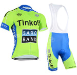 The Tinkoff Saxo Bank Light Green Set includes a green and blue jersey with Tinkoff and Saxo Bank logos. Made from lightweight polyester, the jersey is short-sleeved with a zippered front. The blue bib shorts feature green accents, white suspenders, and a gel seat pad for comfort.